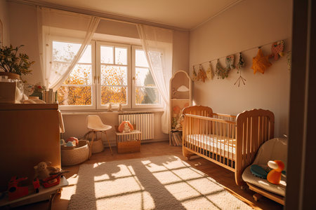 baby room, with view of sun shining through window, bringing warmth and light into the room, created with generative aiの素材
