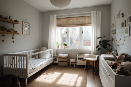 baby room filled with natural light and cozy window seat, created with generative aiの素材