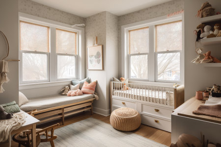 baby room filled with natural light and cozy window seat, created with generative aiの素材