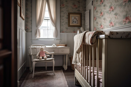 baby room, with close-up of crib and baby doll visible in the background, created with generative aiの素材