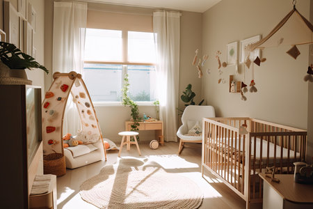 baby room filled with natural sunlight, bringing warmth and comfort, created with generative aiの素材