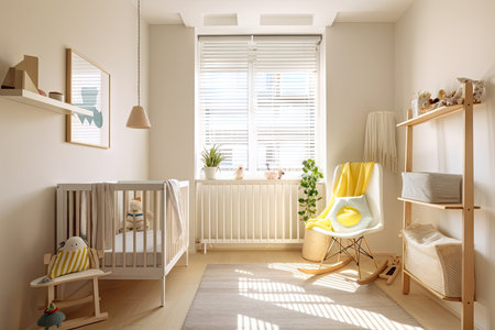 baby room filled with natural sunlight, bringing warmth and comfort, created with generative aiの素材