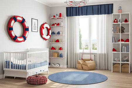 a baby room with a nautical theme, featuring blue and red accents and lifesavers on the shelves, created with generative aiの素材