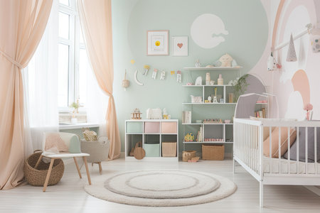 baby room, with crib and changing table, surrounded by dreamy pastel tones, created with generative aiの素材