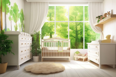 baby room with view of nature, surrounded by greenery and fresh air, created with generative aiの素材