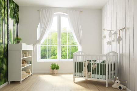 baby room with view of nature, surrounded by greenery and fresh air, created with generative aiの素材