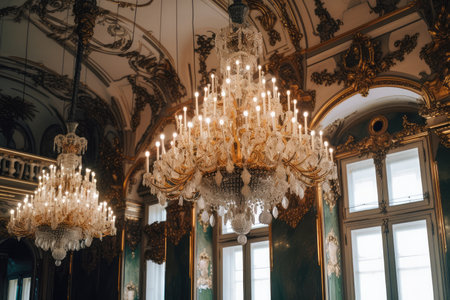 baroque interior with grand chandelier, ornate furnishings and luxurious details, created with generative aiの素材