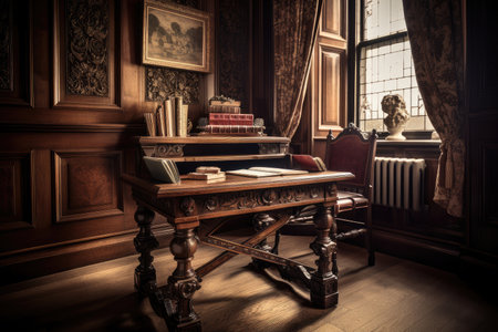 baroque study, with ornate wooden desk and scrollwork chair, created with generative aiの素材