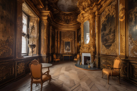 baroque room with gilded walls and opulent decor, created with generative aiの素材
