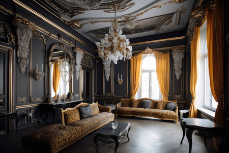 baroque interior with lavish furniture, plush fabrics and gold accents, created with generative aiの素材