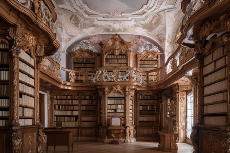 baroque library with towering bookshelves and intricate carvings, created with generative aiの素材
