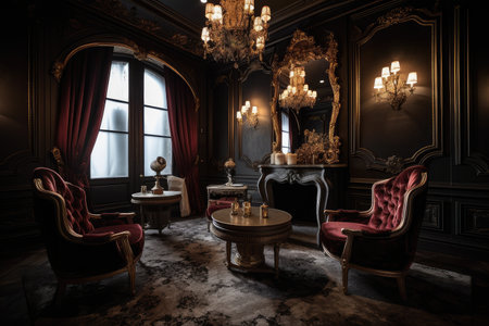 baroque room with dramatic lighting, plush chairs and rich fabrics, created with generative aiの素材