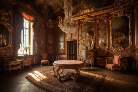 baroque room, with dramatic lighting and shadows, featuring gilded furniture and richly colored fabrics, created with generative aiの素材