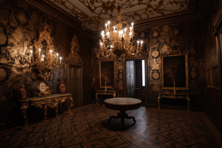 baroque room, with dramatic lighting and shadows, featuring gilded furniture and richly colored fabrics, created with generative aiの素材