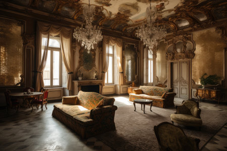 baroque living room, with velvet furniture and gilded accents, created with generative aiの素材