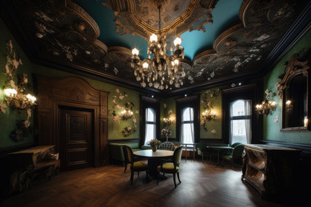 baroque room with dramatic lighting and intricate details, created with generative aiの素材