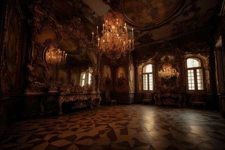 baroque room with dramatic lighting and intricate details, created with generative aiの素材