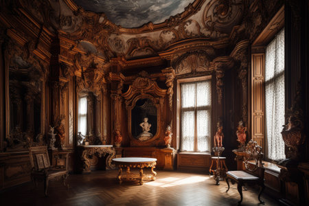 baroque room with dramatic lighting and intricate details, created with generative aiの素材