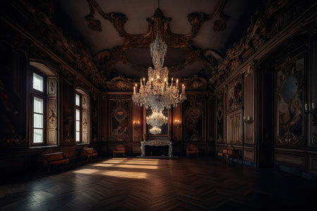 baroque room with dramatic lighting and chandelier, created with generative aiの素材