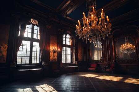 baroque room with dramatic lighting and chandelier, created with generative aiの素材