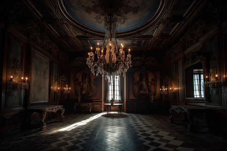 baroque room with dramatic lighting and chandelier, created with generative aiの素材