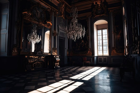 baroque interior with dramatic lighting and shadows, creating a mysterious ambiance, created with generative aiの素材