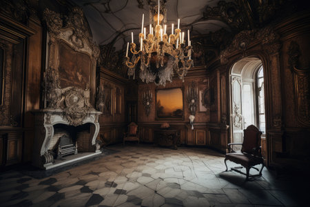 baroque interior with elaborate fireplace and grand chandelier, created with generative aiの素材