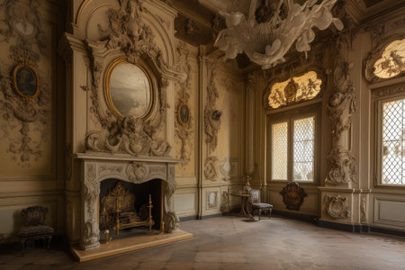 baroque interior with elaborate fireplace and grand chandelier, created with generative aiの素材