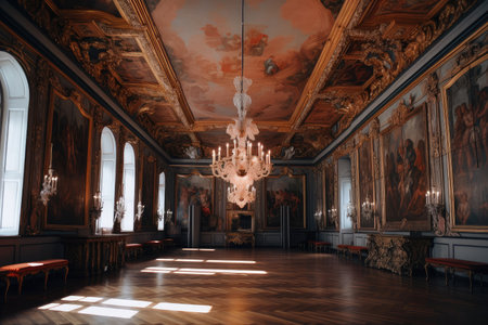 baroque interior with elaborate ceiling decoration, chandeliers and paintings, created with generative aiの素材