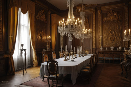 baroque dining room, with gilded chandelier and silk drapes, created with generative aiの素材