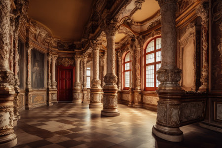baroque room with richly decorated columns and walls, created with generative aiの素材