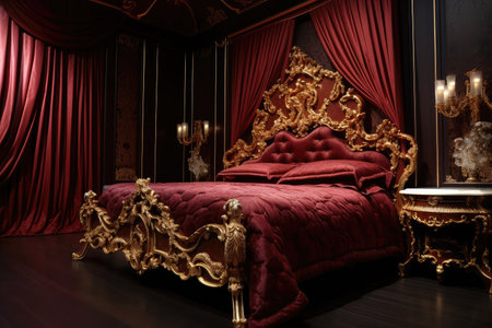 baroque bedroom, with luxurious bedding, rich colors and intricate designs, created with generative aiの素材