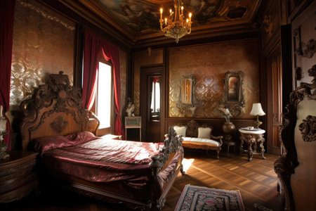 baroque bedroom, with luxurious bedding, rich colors and intricate designs, created with generative aiの素材