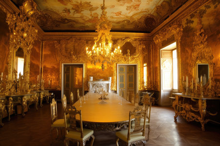 baroque dining room, with gold-leafed walls and gilded furniture, created with generative aiの素材