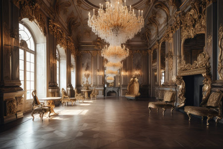 baroque interior with extravagant chandeliers and gold accents, created with generative aiの素材