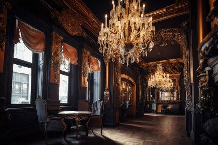 baroque interior with extravagant chandeliers and gold accents, created with generative aiの素材