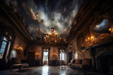 baroque room with dramatic lighting, thunderbolts and storm clouds on the ceiling, created with generative aiの素材