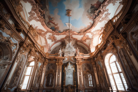 baroque interior with elaborate chandelier and intricate ceiling fresco, created with generative aiの素材