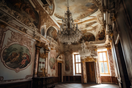 baroque interior with elaborate chandelier and intricate ceiling fresco, created with generative aiの素材