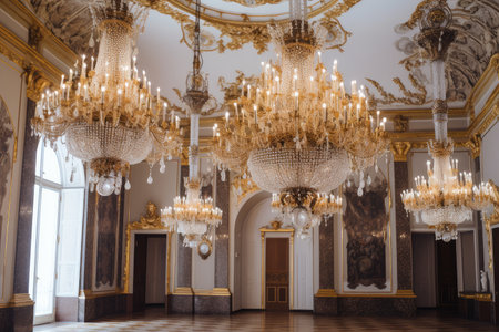 baroque interior with ornate chandeliers and gold accents, created with generative aiの素材