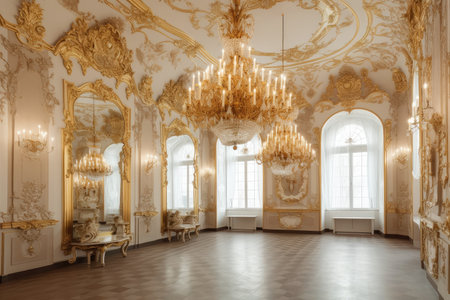 baroque interior with ornate chandeliers and gold accents, created with generative aiの素材