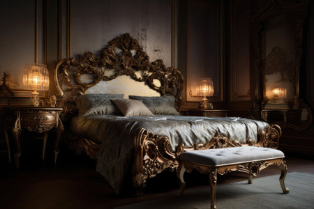 baroque bedroom, with opulent bed and luxurious accessories, created with generative aiの素材