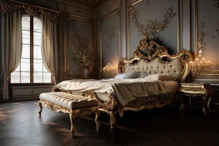 baroque bedroom, with opulent bed and luxurious accessories, created with generative aiの素材