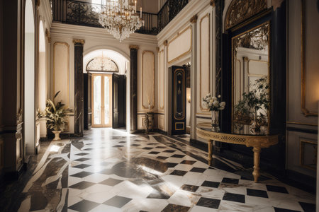 baroque interior with marble floors and gold accents, created with generative aiの素材