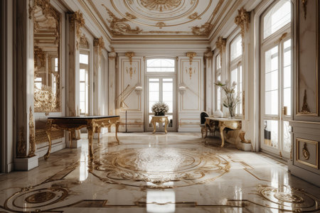 baroque interior with marble floors and gold accents, created with generative aiの素材
