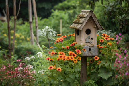 birdhouse surrounded by lush greenery, with flowers blooming nearby, created with generative aiの素材