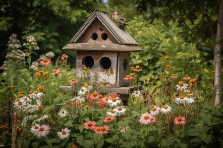 birdhouse surrounded by lush greenery, with flowers blooming nearby, created with generative aiの素材