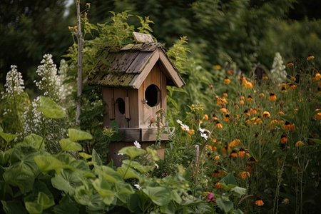 birdhouse surrounded by lush greenery, with flowers blooming nearby, created with generative aiの素材