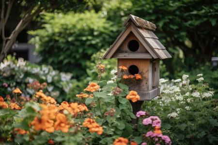 birdhouse surrounded by lush greenery, with flowers blooming nearby, created with generative aiの素材