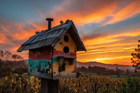 a birdhouse with a view of the sunrise, surrounded by vibrant colors in the sky, created with generative aiの素材
